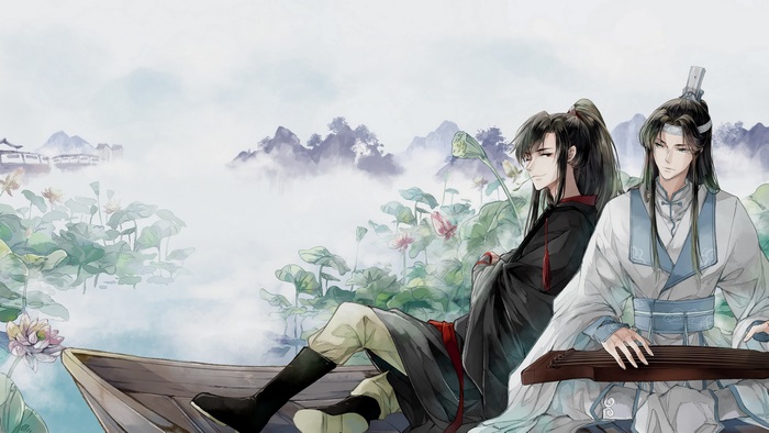 Wei Wuxian and Lan Wangji in a boat with lotuses