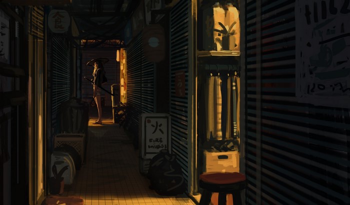 Woman warrior with sword in alley