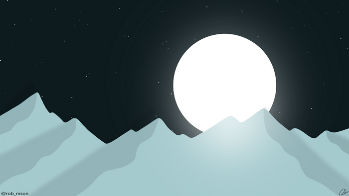 Bright moon over icy mountains at night