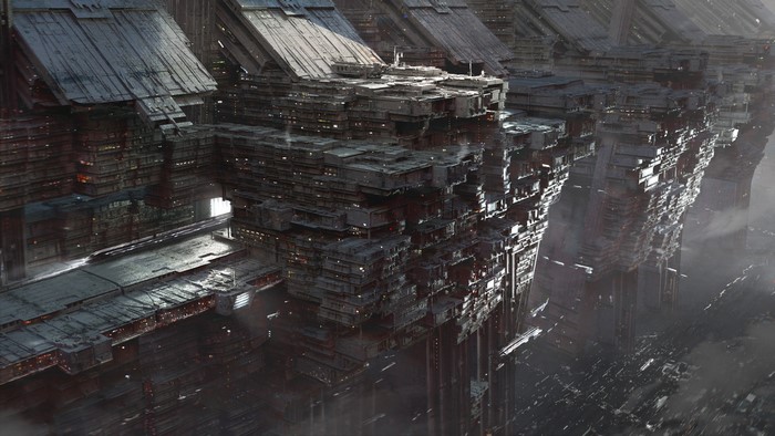 Futuristic city with towering, complex structures