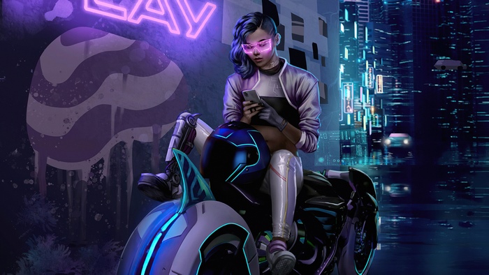 Woman on a futuristic motorcycle in a cyberpunk city