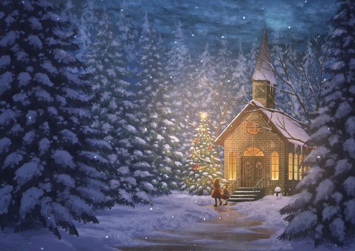 Christmas church and tree in winter with children