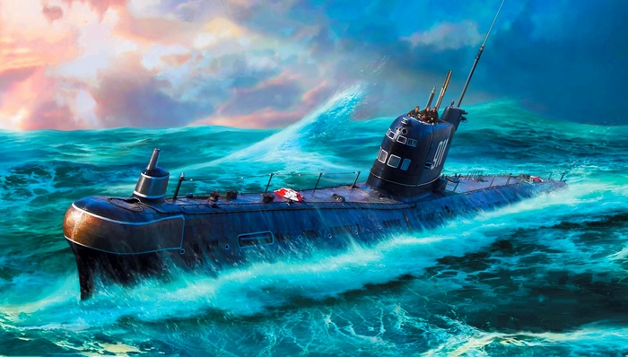 Submarine sailing through rough seas