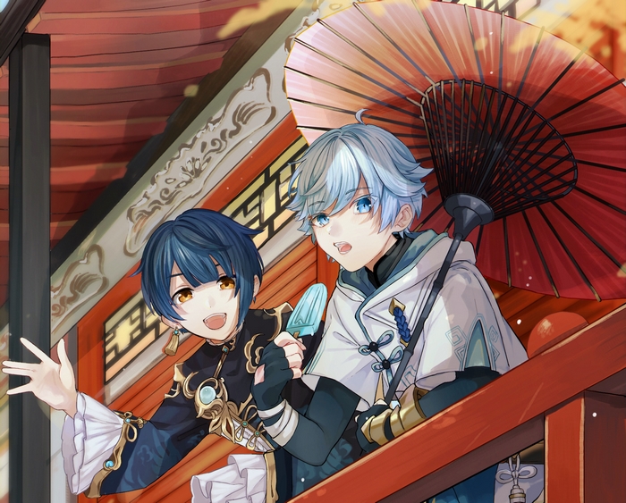 Xingqiu and Chongyun from Genshin Impact with umbrella