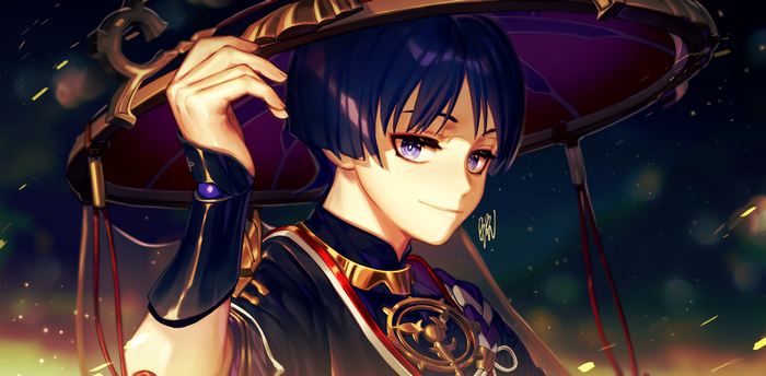 Scaramouche from Genshin Impact with a hat