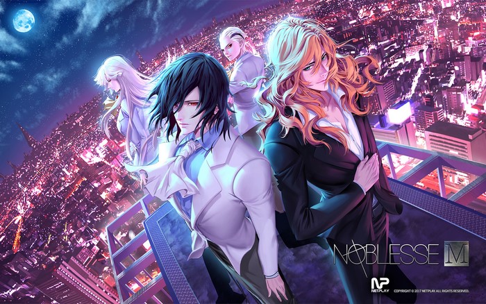 Noblesse M characters on a city rooftop at night