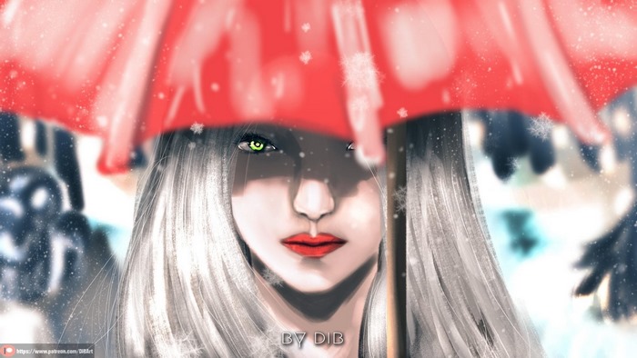Woman with green eyes under a red umbrella in snow