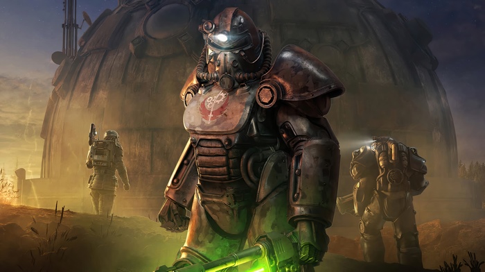 Fallout 76 Power Armor soldiers near large structure