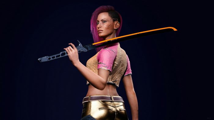 Female character with pink hair holding a sword from Cyberpunk 2077