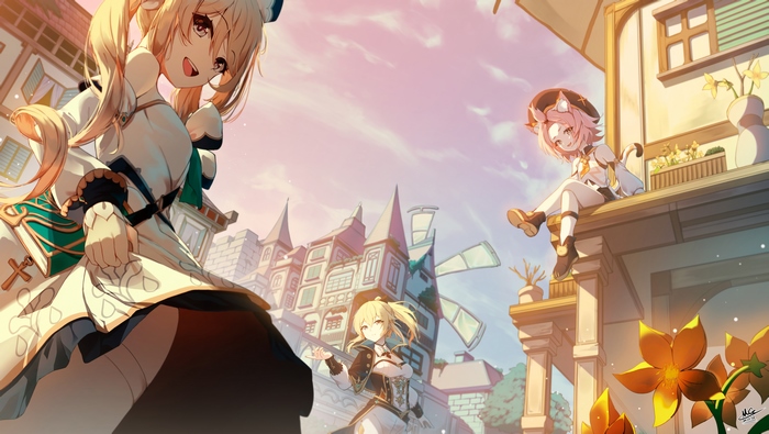 Barbara, Jean, and Diona from Genshin Impact in a town