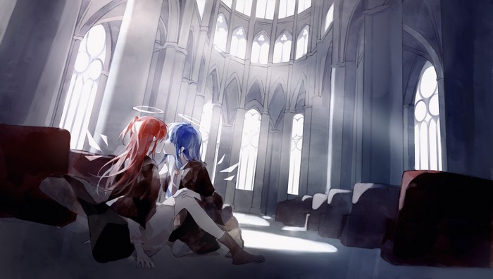 Exusiai and Mostima from Arknights in a church