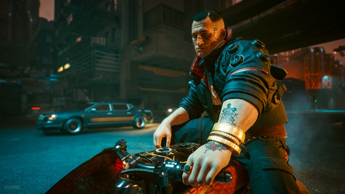 Jackie Welles from Cyberpunk 2077 on a motorcycle
