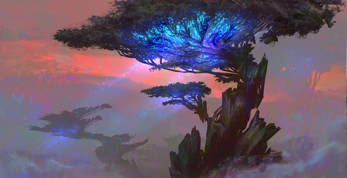 Fantasy tree filled with blue energy against a sunset sky