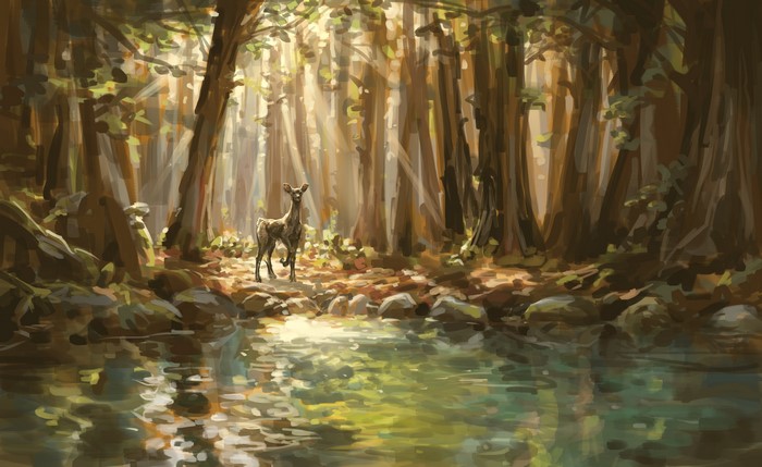 Fawn in a sunlit forest by a stream