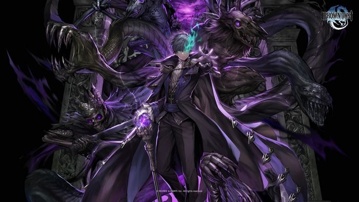 Man with magical staff and dark creatures in Brown Dust