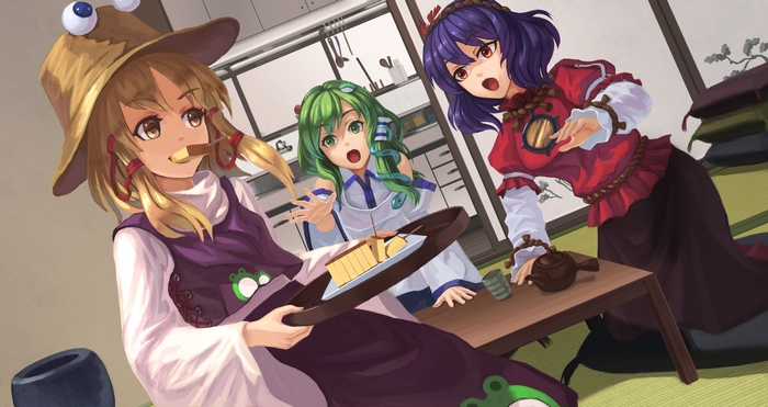 Touhou: Suwako, Kanako, and Sanae with dessert