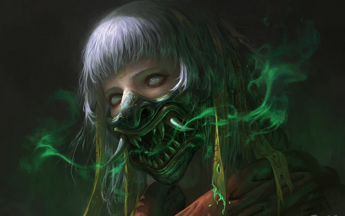 Woman with white hair wearing a demon mask