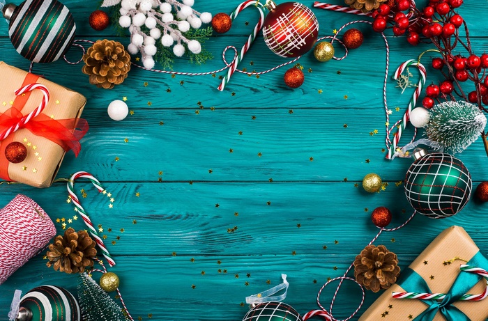 Christmas Decorations and Gifts on Teal Wood