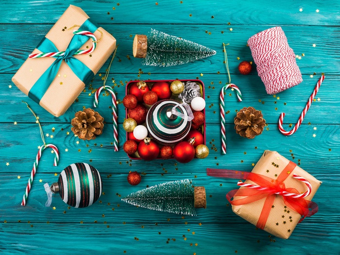 Christmas Gifts and Ornaments on Teal Wood