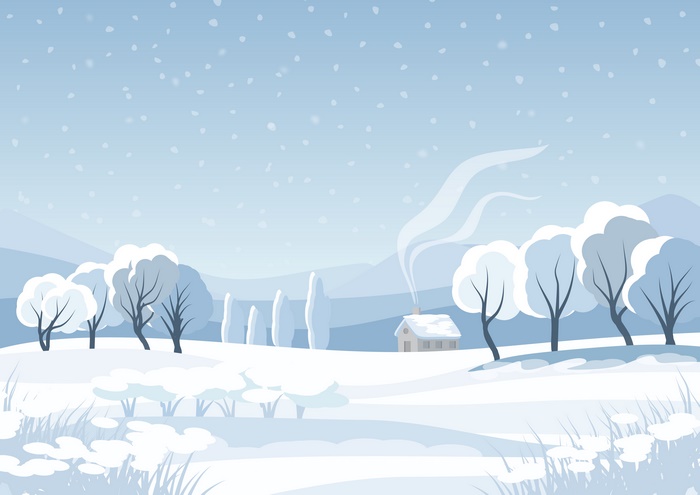 Minimalistic winter landscape with a snow-covered cabin and trees