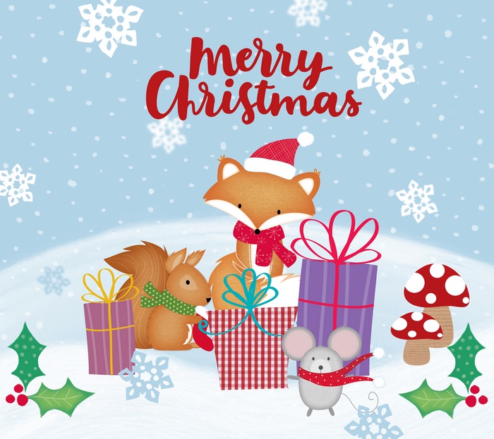 Merry Christmas with Animals and Gifts