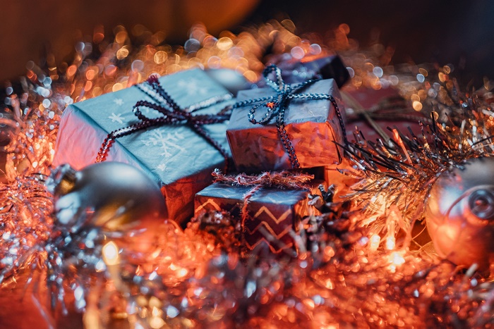 Christmas gifts and ornaments with bokeh lights
