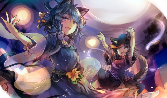Two cat-eared girls dancing under the moonlight