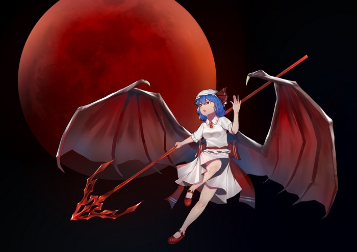 Remilia Scarlet from Touhou with bat wings and a red moon