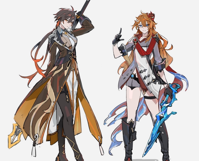 Genderbent Tartaglia and Zhongli from Genshin Impact