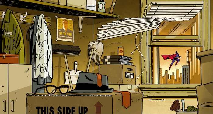 Superman flying past a window in a cluttered room