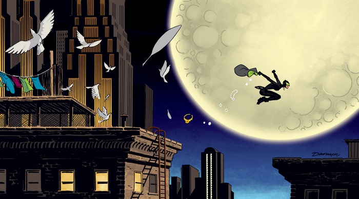 Catwoman from DC Comics leaping in Gotham City