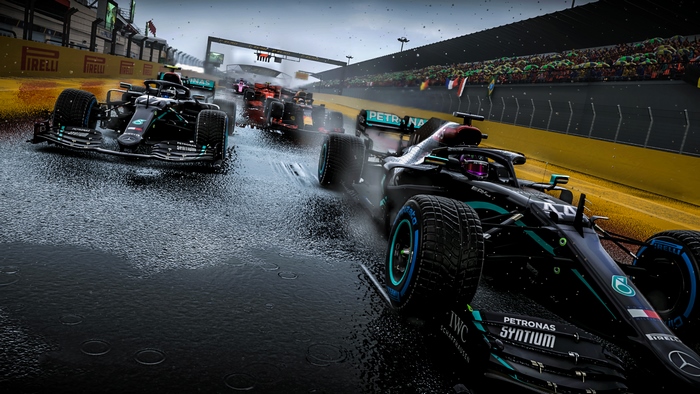 Mercedes F1 Cars Racing in the Rain