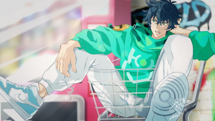 Anime boy in green hoodie sitting in shopping cart
