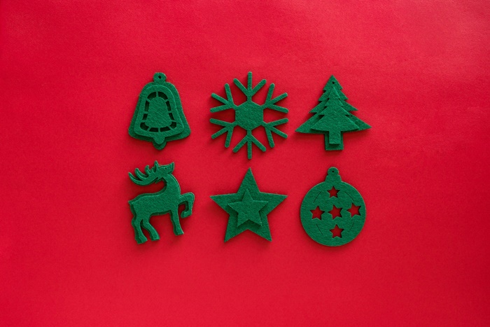 Christmas ornaments: bell, snowflake, tree, deer, star, bauble