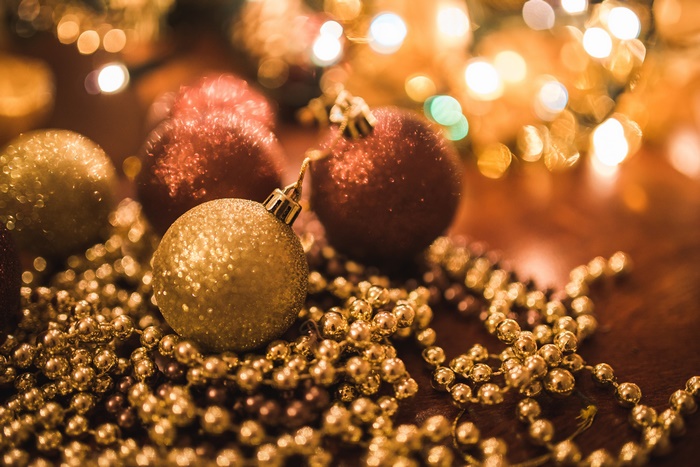 Christmas Ornaments with Golden Beads and Lights
