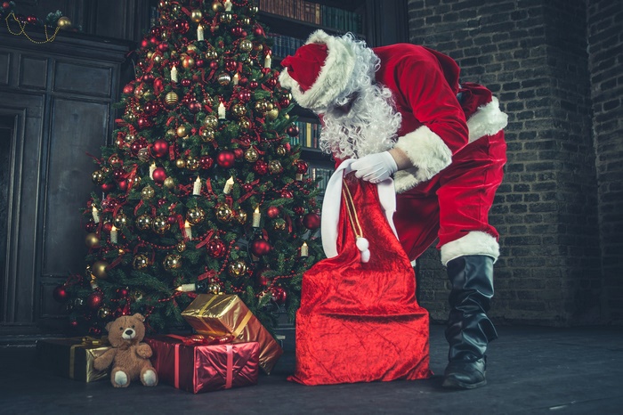 Santa Claus with a sack by a Christmas tree