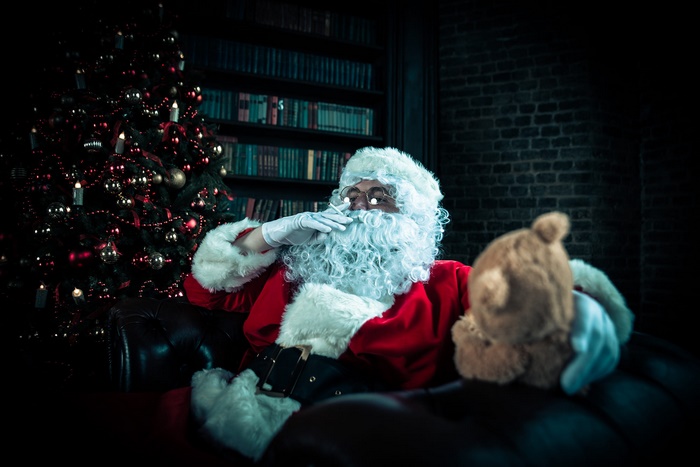 Santa Claus with Teddy Bear near Christmas Tree