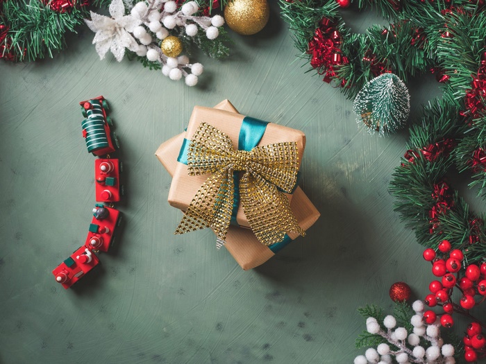 Christmas gifts and decorations with toy train