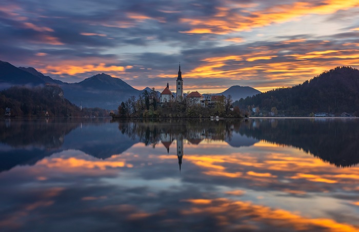 Church on Island in Lake Bled at Dawn