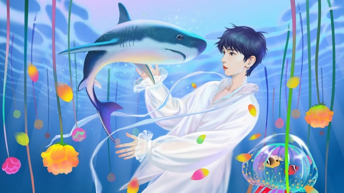 Song Ji Yang with shark and jellyfish