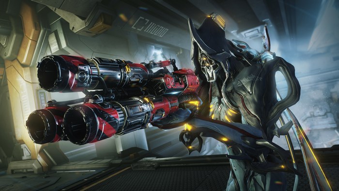 Warframe character holding a large weapon