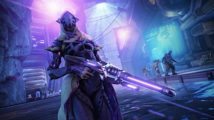 Warframe character with rifle in futuristic city 4K