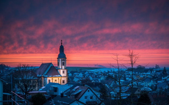 Church tower at sunset