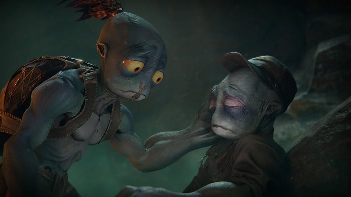 Abe and a wounded Mudokon from Oddworld: Soulstorm