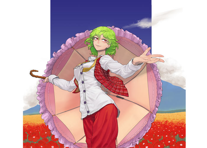 Yuuka Kazami from Touhou with a parasol in a poppy field