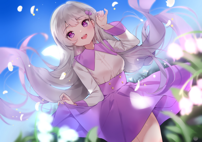 Girl with white hair and purple eyes in a purple dress