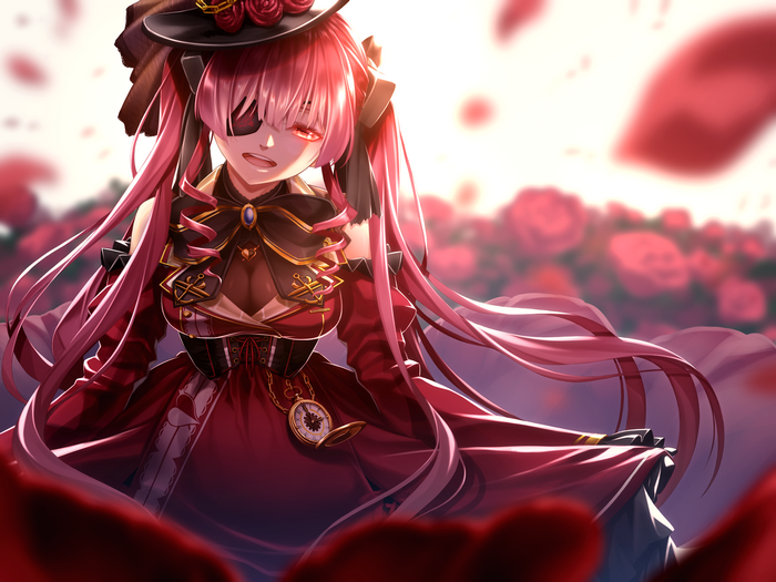 Houshou Marine from Hololive in a red dress with roses