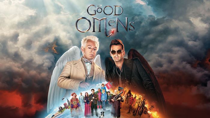Good Omens: Aziraphale and Crowley with cast