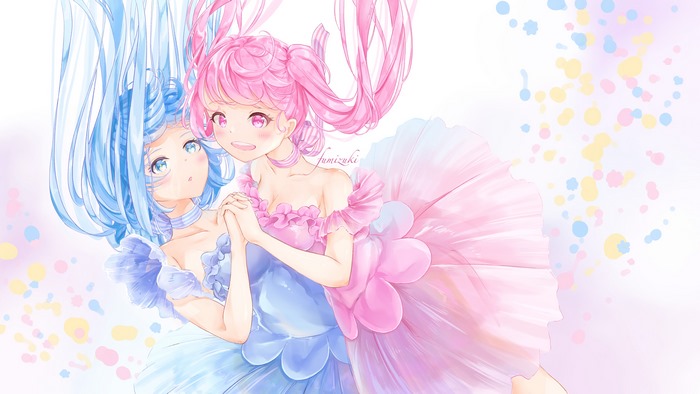 Two anime girls with blue and pink hair