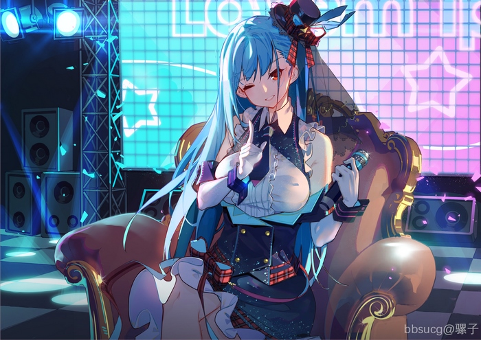 Girl with blue hair singing on stage